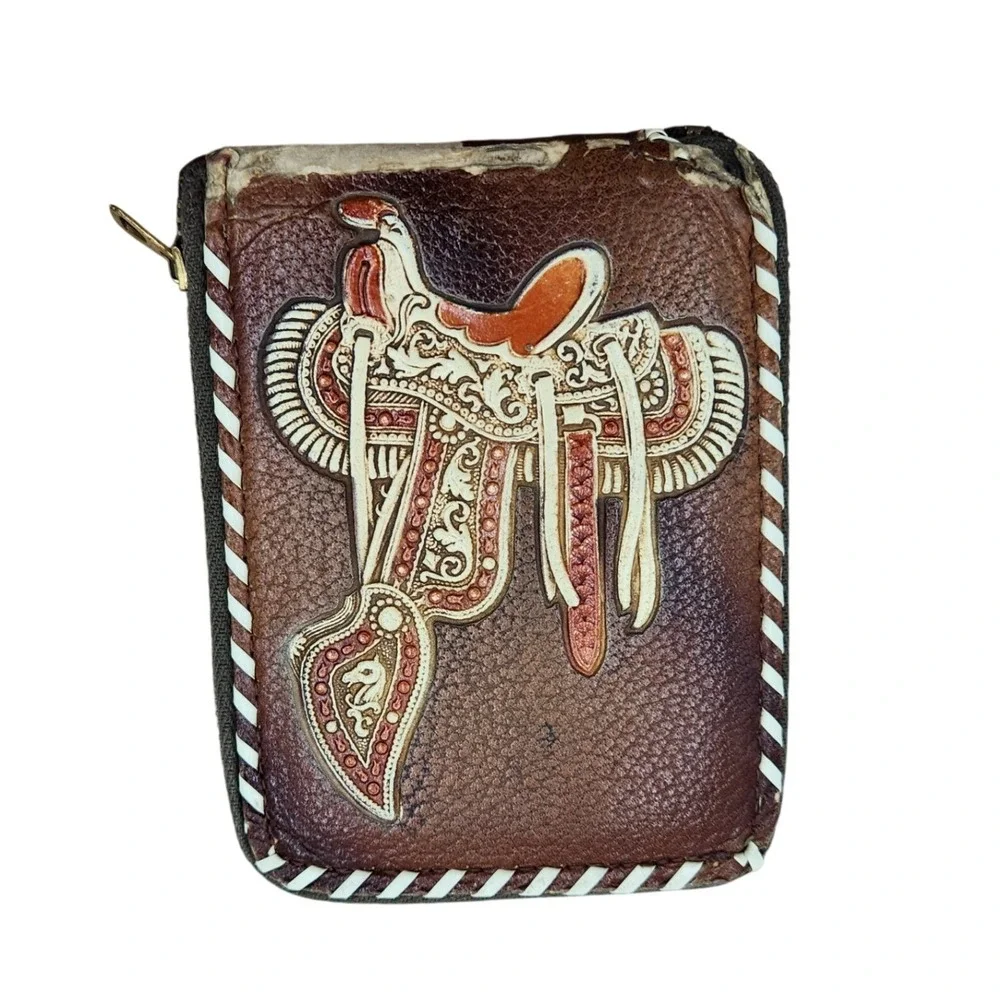 Vintage Tooled Leather Western Wallet Saddle Cowboy Boots Whipstitch Zip Brown